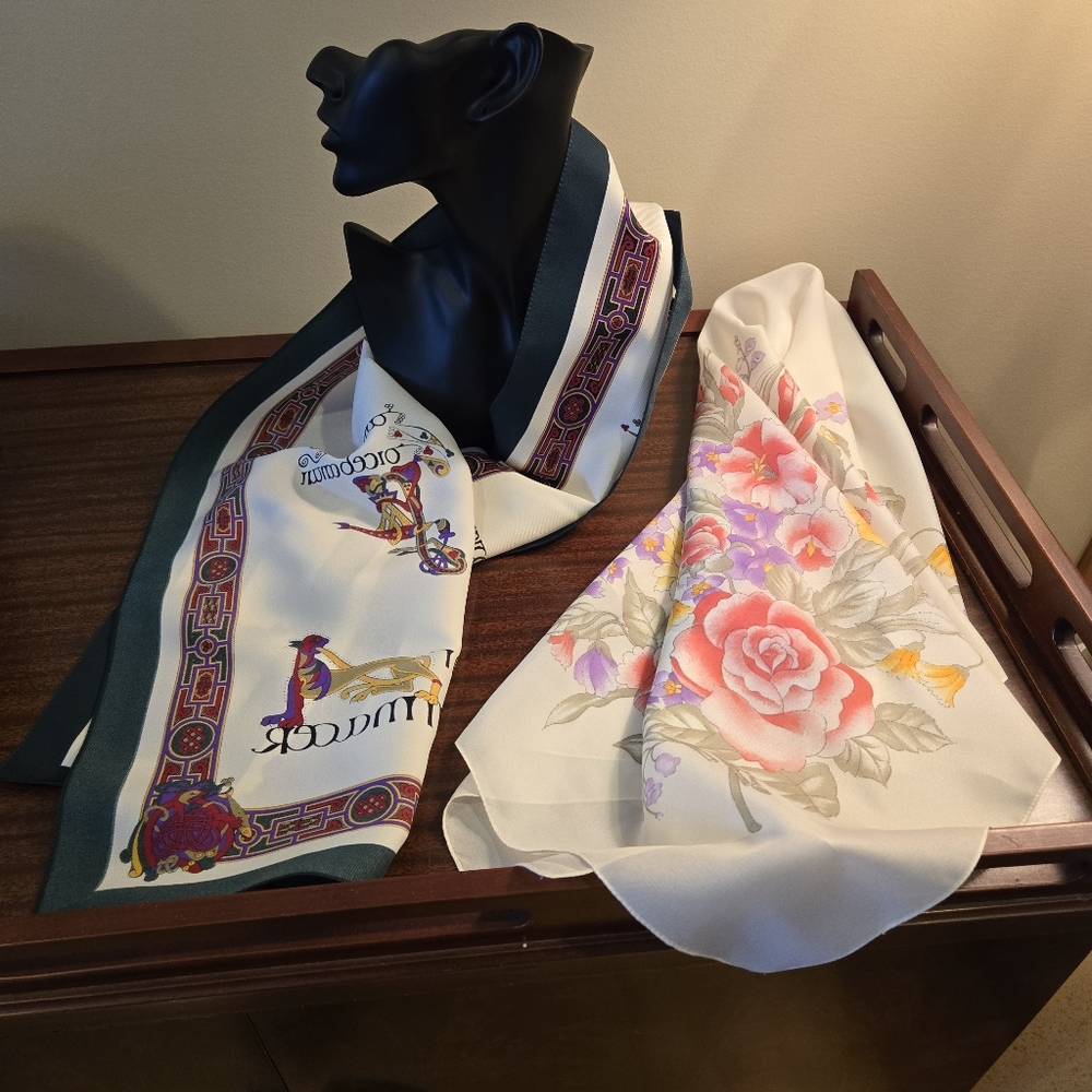 Two Polyester Woman's Scarfs, Square Spring Flowers, Rectangle Irish Theme Scarf